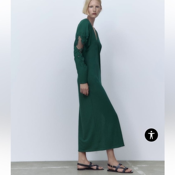 ZARA OPEN CROCHET LACE LONG SLEEVE VAMP MAXI DRESS FOREST GREEN MEDIUM NWT - Picture 6 of 16